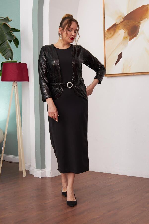 Ön Payet Detaylı Büyük Beden Uzun Siyah Elbise - 2