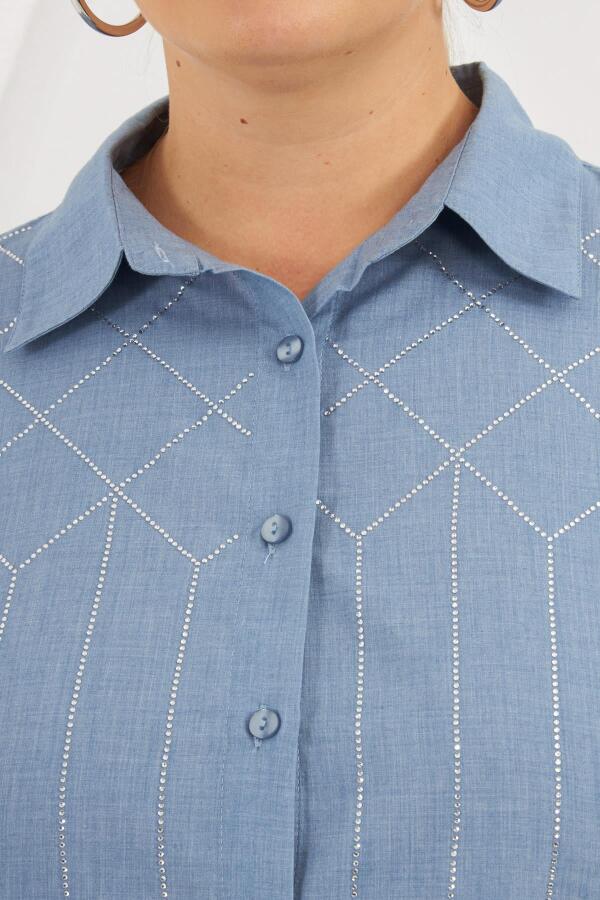 Ön Taş Detaylı Büyük Beden Gömlek Mavi - 2