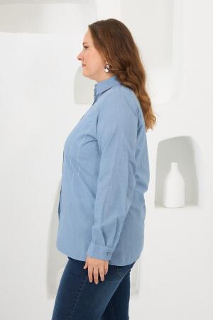 Ön Taş Detaylı Büyük Beden Gömlek Mavi - 3