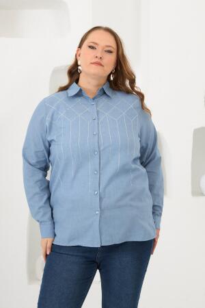 Ön Taş Detaylı Büyük Beden Gömlek Mavi - 4