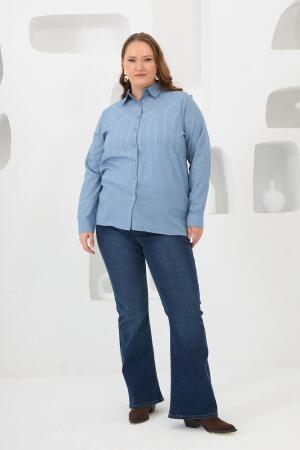 Ön Taş Detaylı Büyük Beden Gömlek Mavi - 5