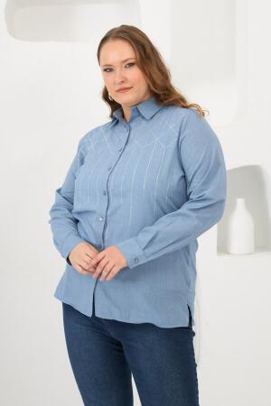 Ön Taş Detaylı Büyük Beden Gömlek Mavi - 6