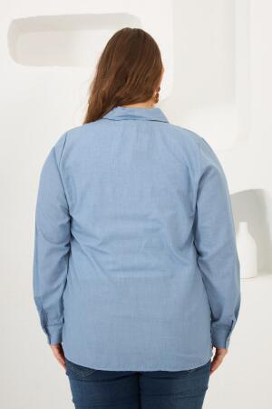 Ön Taş Detaylı Büyük Beden Gömlek Mavi - 7