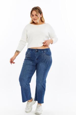 Ön Taş Detaylı Büyük Beden Kot Pantolon Mavi - 7