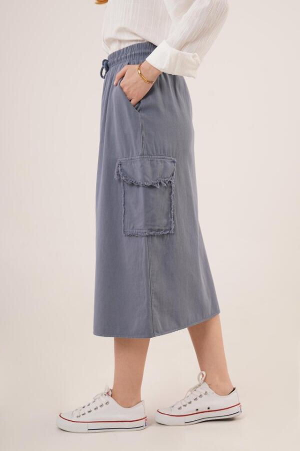 Ön Yırtmaçlı Cep Detaylı İndigo Etek - 3