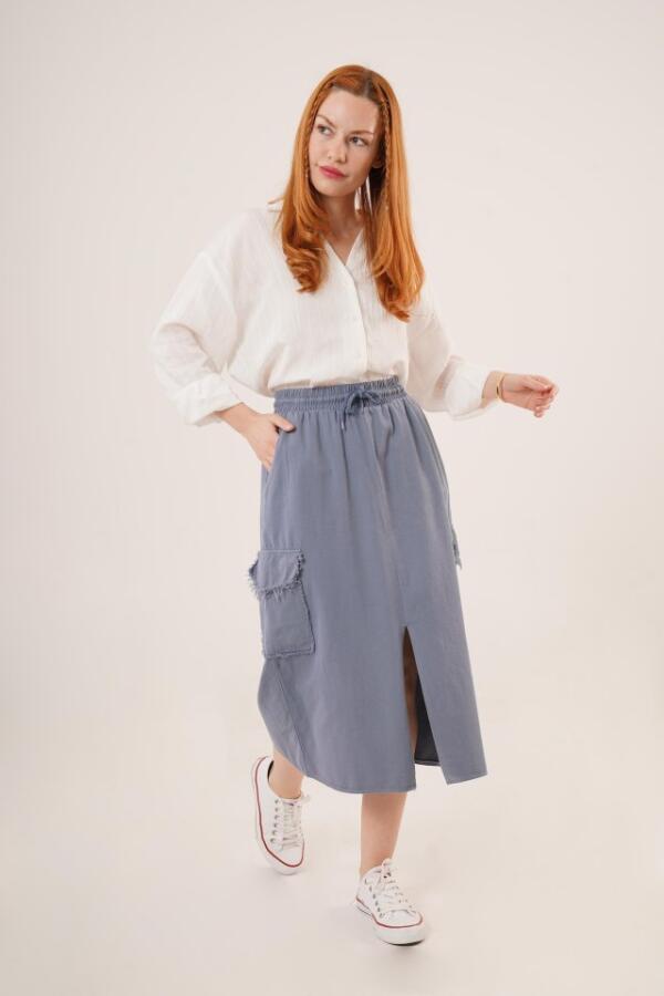 Ön Yırtmaçlı Cep Detaylı İndigo Etek - 4