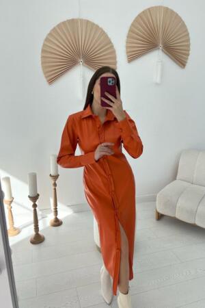 Oranj Boydan Düğmeli Deri Elbise - 1