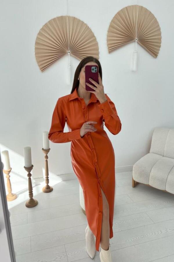 Oranj Boydan Düğmeli Deri Elbise - 1