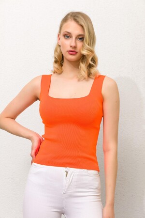 Trend42plus Oranj Kare Yaka Askılı Crop Top Triko - 6
