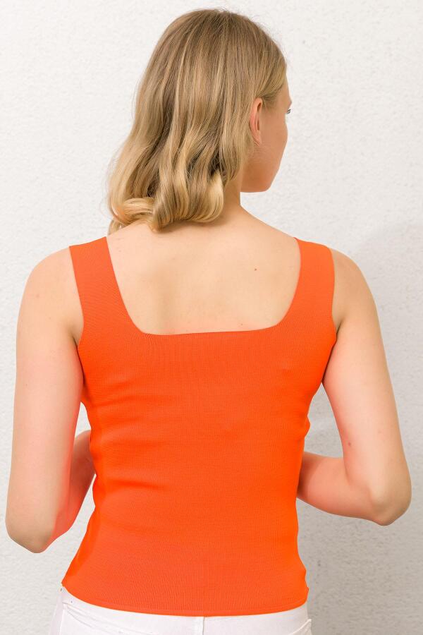 Trend42plus Oranj Kare Yaka Askılı Crop Top Triko - 7