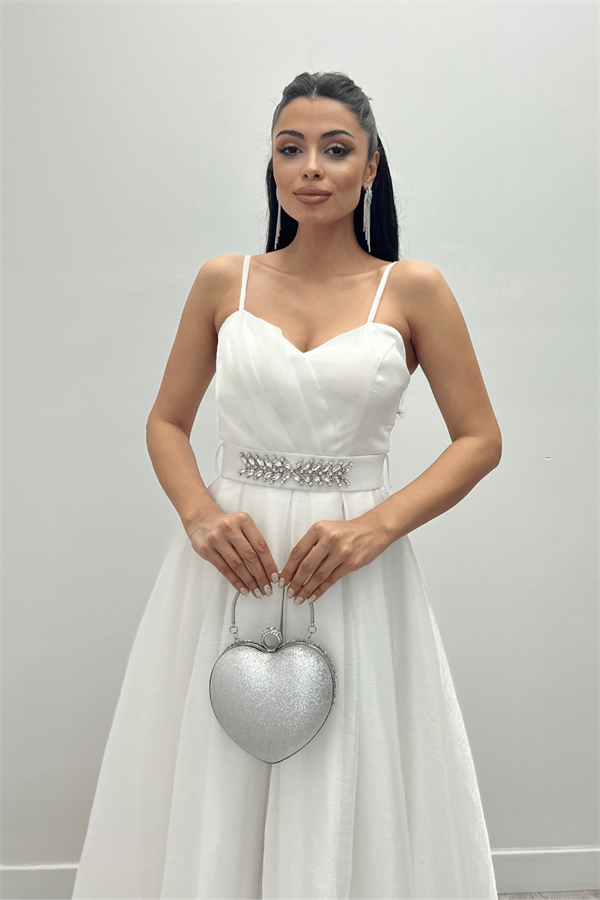 Organze Dalya Kumaş Prenses Elbise - BEYAZ - 1