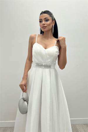 Organze Dalya Kumaş Prenses Elbise - BEYAZ - 2