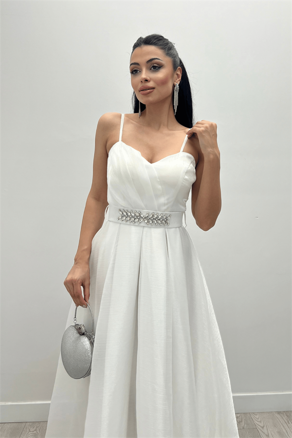 Organze Dalya Kumaş Prenses Elbise - BEYAZ - 2