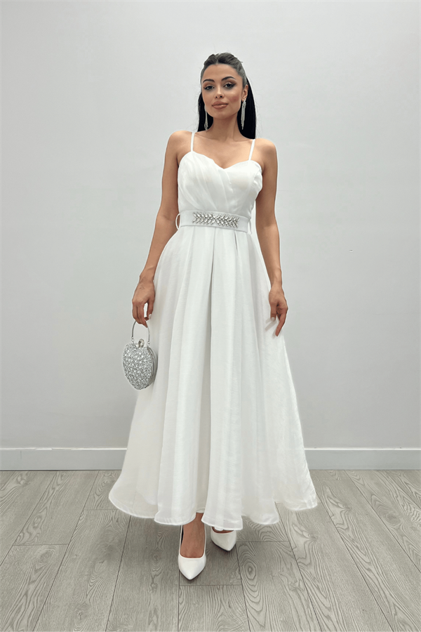 Organze Dalya Kumaş Prenses Elbise - BEYAZ - 3