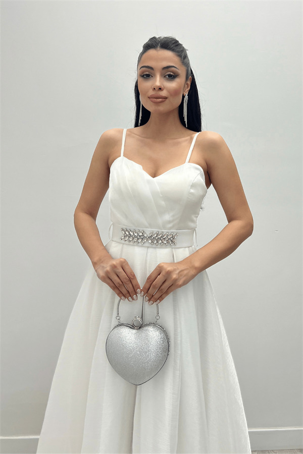 Organze Dalya Kumaş Prenses Elbise - BEYAZ - 1