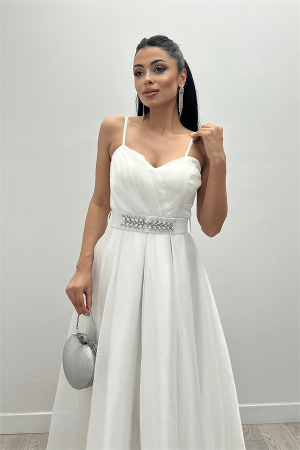 Organze Dalya Kumaş Prenses Elbise - BEYAZ - 2