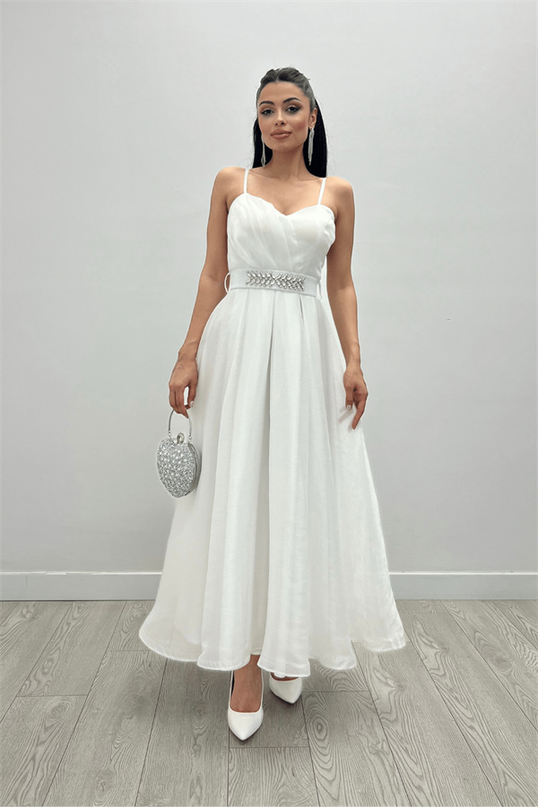 Organze Dalya Kumaş Prenses Elbise - BEYAZ - 3