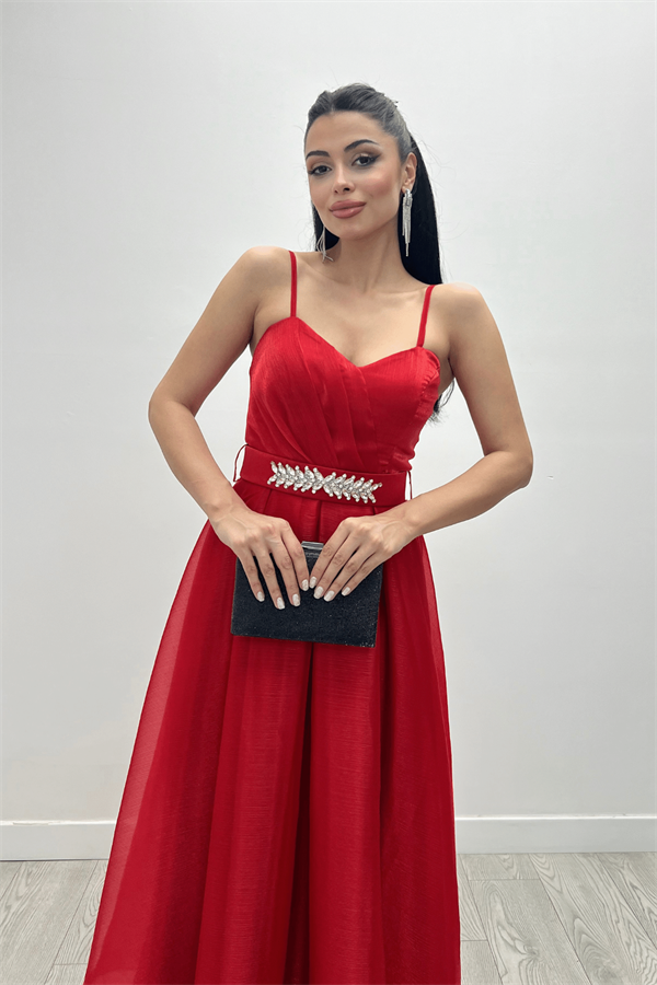 Organze Dalya Kumaş Prenses Elbise - KIRMIZI - 1