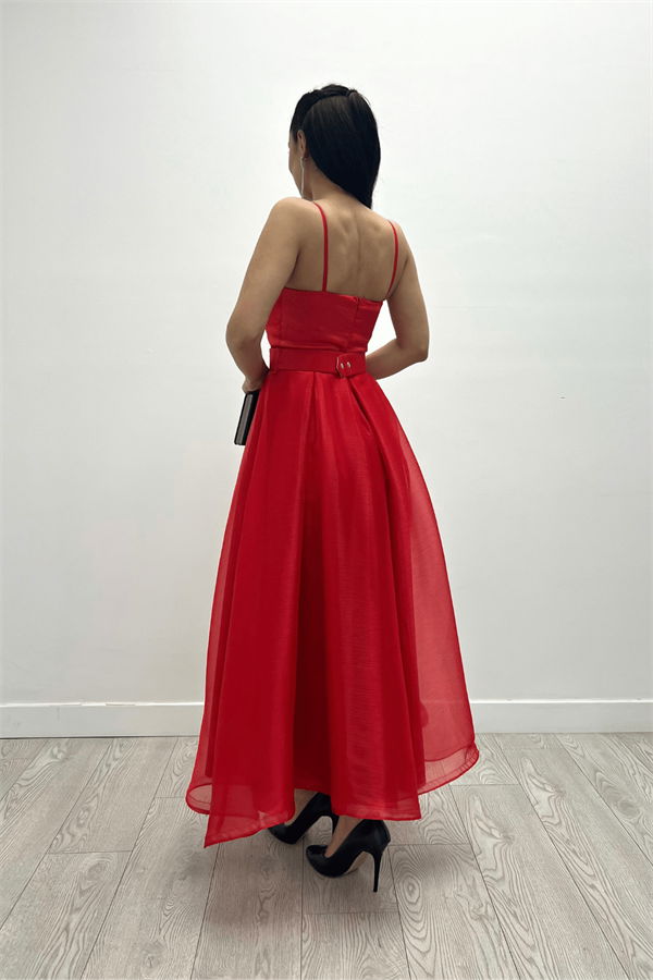 Organze Dalya Kumaş Prenses Elbise - KIRMIZI - 5