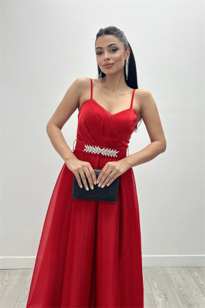 Organze Dalya Kumaş Prenses Elbise - KIRMIZI - Angelino Moda