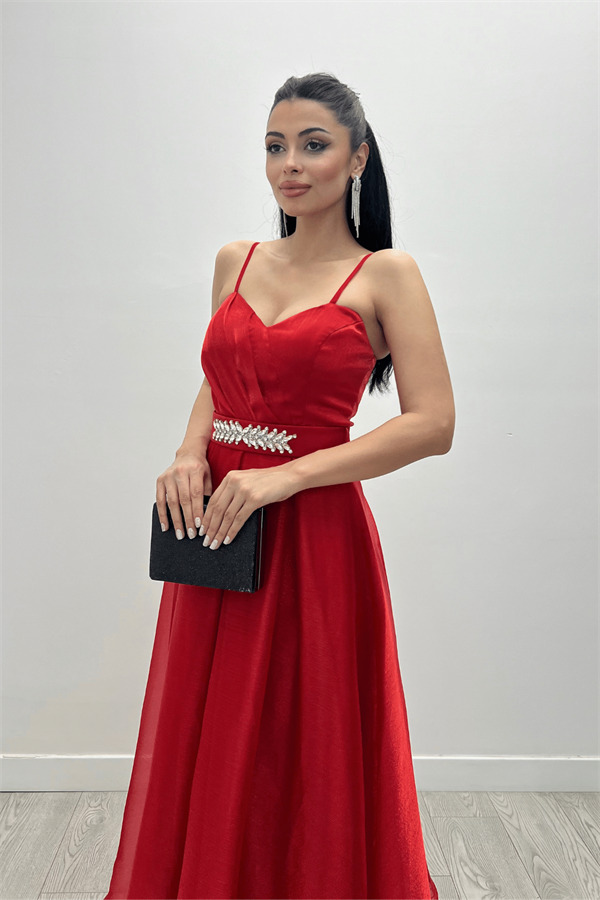 Organze Dalya Kumaş Prenses Elbise - KIRMIZI - 2