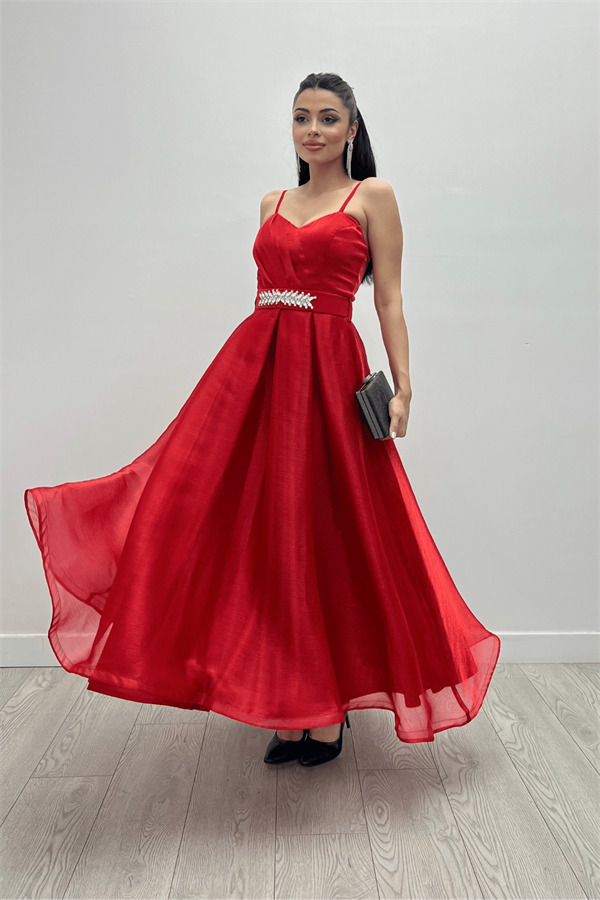Organze Dalya Kumaş Prenses Elbise - KIRMIZI - 3
