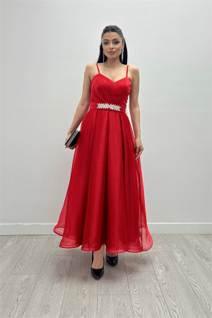 Organze Dalya Kumaş Prenses Elbise - KIRMIZI - 4