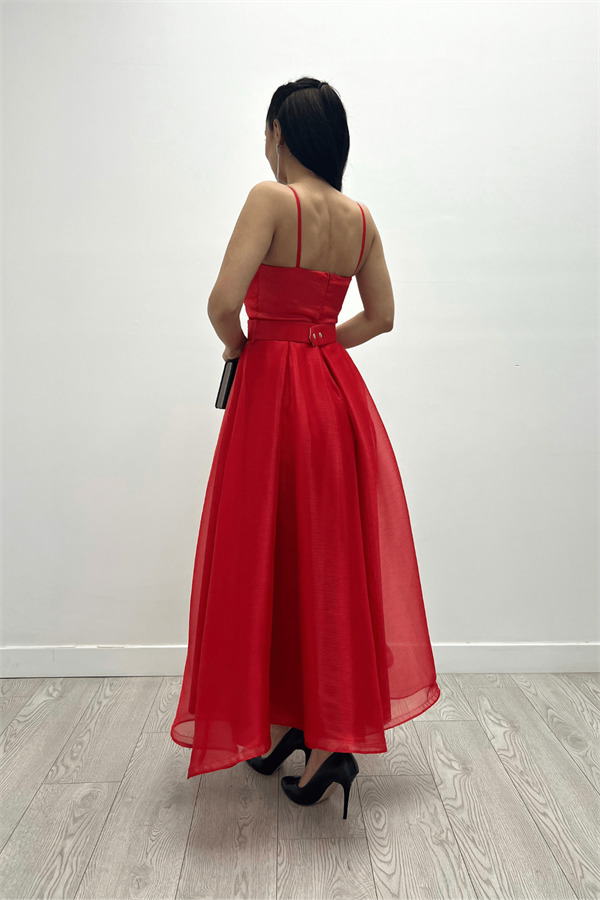 Organze Dalya Kumaş Prenses Elbise - KIRMIZI - 5