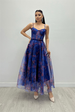 Organze Kumaş Askılı Midi Elbise - MAVİ - Angelino Moda