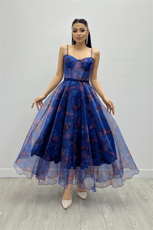 Organze Kumaş Askılı Midi Elbise - MAVİ - Angelino Moda (1)