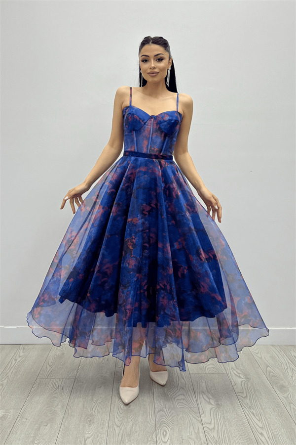 Organze Kumaş Askılı Midi Elbise - MAVİ - 2