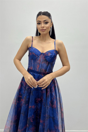 Organze Kumaş Askılı Midi Elbise - MAVİ - 3