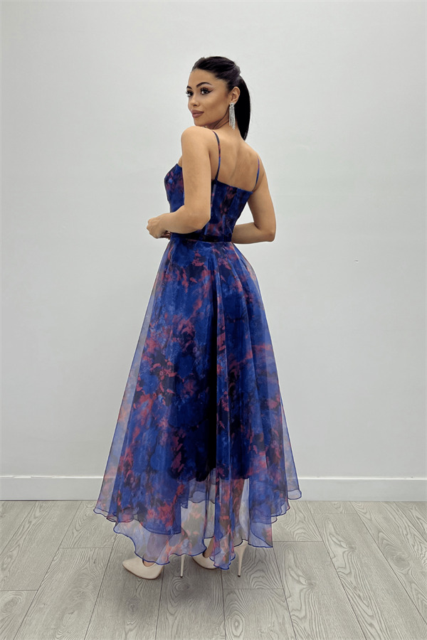 Organze Kumaş Askılı Midi Elbise - MAVİ - 5