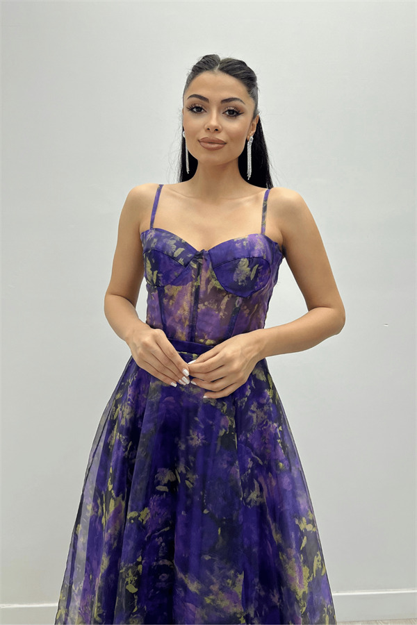 Organze Kumaş Askılı Midi Elbise - MOR - 3