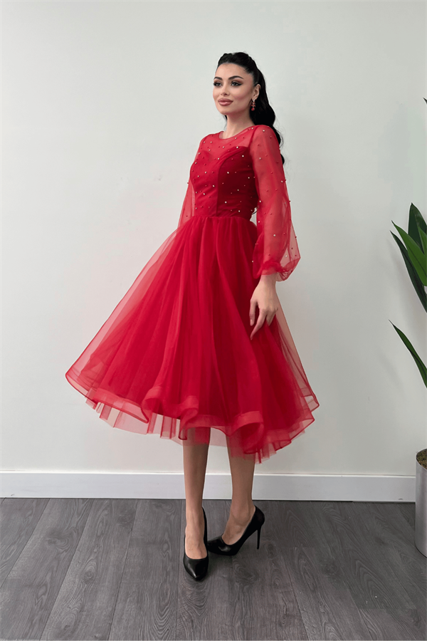Organze Kumaş İnci Detaylı Midi Elbise - KIRMIZI - 2