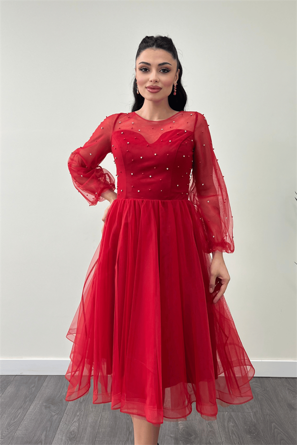 Organze Kumaş İnci Detaylı Midi Elbise - KIRMIZI - 3