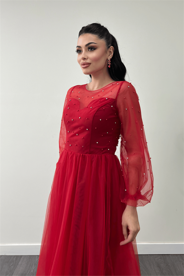 Organze Kumaş İnci Detaylı Midi Elbise - KIRMIZI - 4