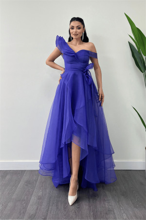 Organze Kumaş Kat Kat Abiye Elbise - MOR - Angelino Moda