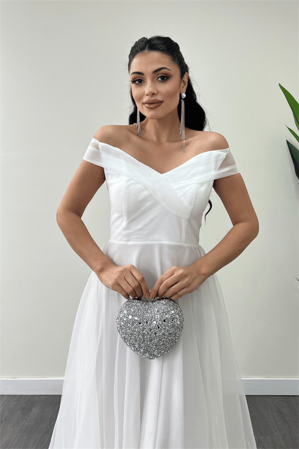 Organze Kumaş Kayık Yaka Prenses Elbise - BEYAZ - 4