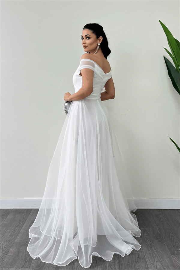 Organze Kumaş Kayık Yaka Prenses Elbise - BEYAZ - 5