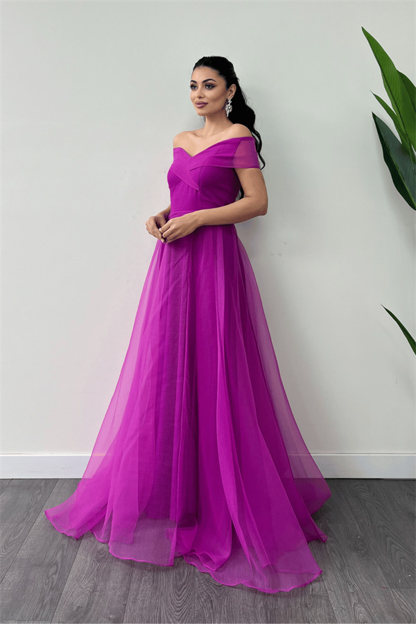 Organze Kumaş Kayık Yaka Prenses Elbise - FUŞYA - 2