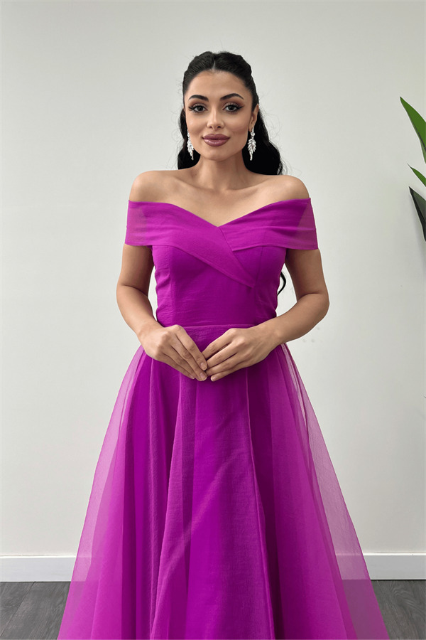 Organze Kumaş Kayık Yaka Prenses Elbise - FUŞYA - 3