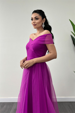 Organze Kumaş Kayık Yaka Prenses Elbise - FUŞYA - 4