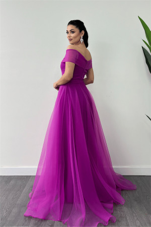 Organze Kumaş Kayık Yaka Prenses Elbise - FUŞYA - 5