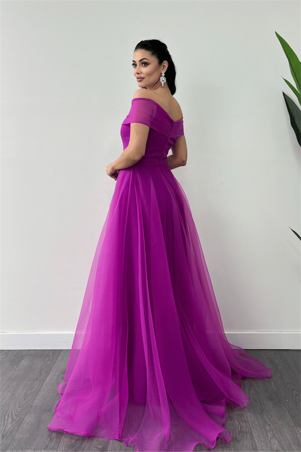 Organze Kumaş Kayık Yaka Prenses Elbise - FUŞYA - 5