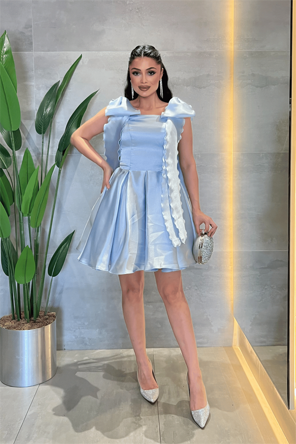 Organze Saten Kumaş Prenses Mini Elbise - BEBE MAVİSİ - 1