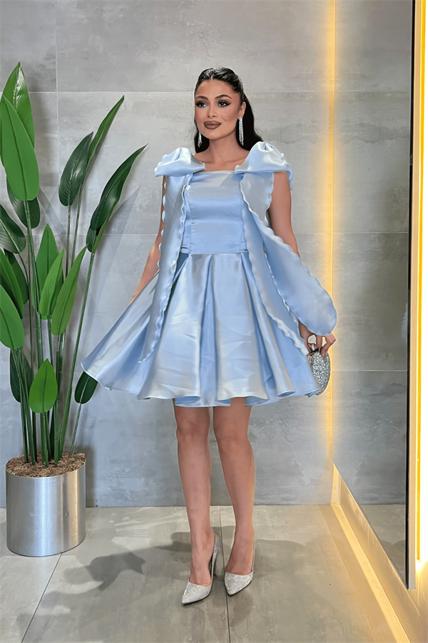 Organze Saten Kumaş Prenses Mini Elbise - BEBE MAVİSİ - 2