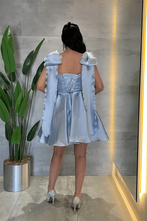 Organze Saten Kumaş Prenses Mini Elbise - BEBE MAVİSİ - 5