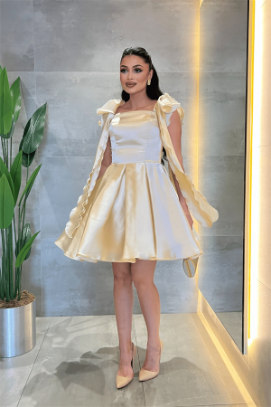 Organze Saten Kumaş Prenses Mini Elbise - BEJ - EİPOM (1)