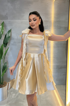 Organze Saten Kumaş Prenses Mini Elbise - BEJ - 4